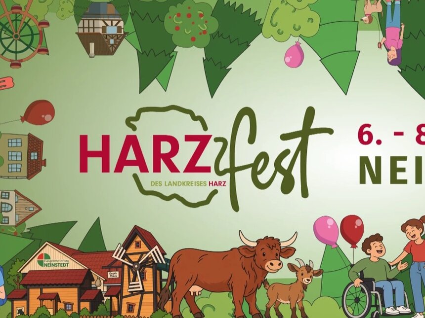 Ausschnitt aus der Harzfest-Collage: Engels Mühle der Evangelischen Stiftung Neinstedt, Harzer Rotvieh und eine Ziege.