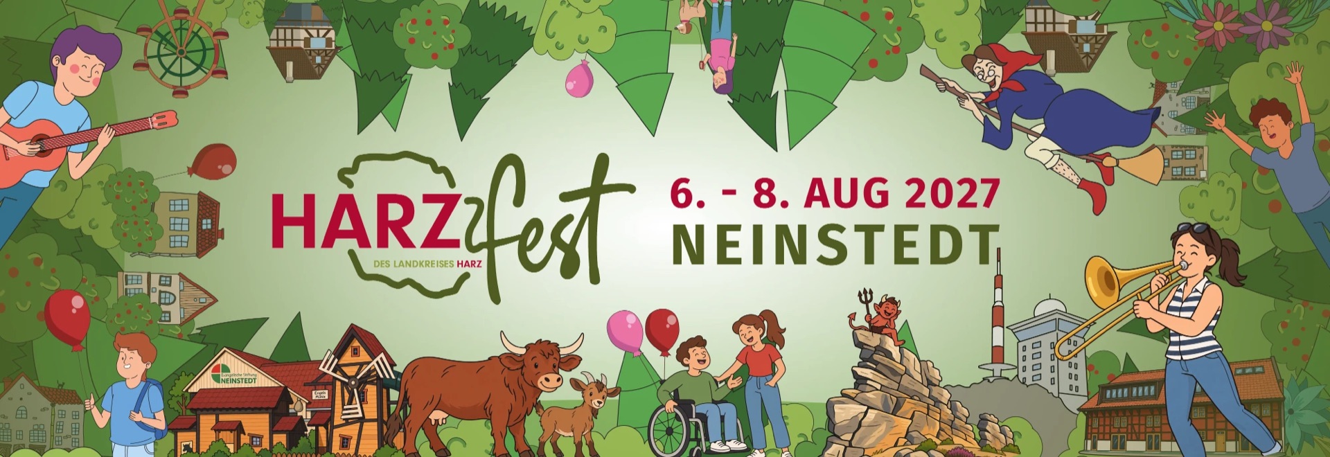 Illustration: Harzfest 6. bis 8. August 2027 in Neinstedt. Ringsum Wald, Fachwerk, Hexe und Brocken, unten die Engels Mühle, Rotvieh, Ziege, die Teufelsmauer und eine Posaunistin.